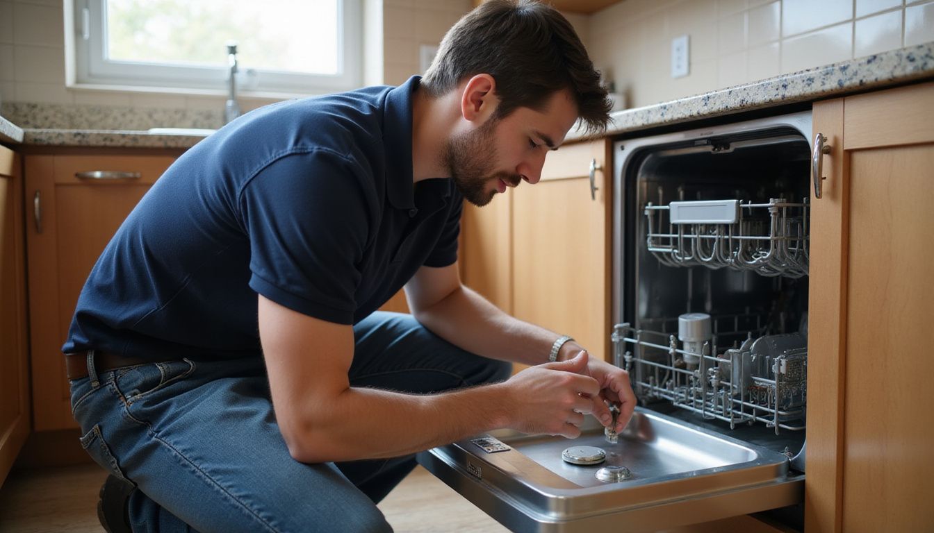 Technician reconnecting a dishwasher hose while working inside a cozy kitchen.